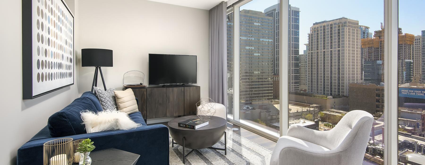 a living room with a large window